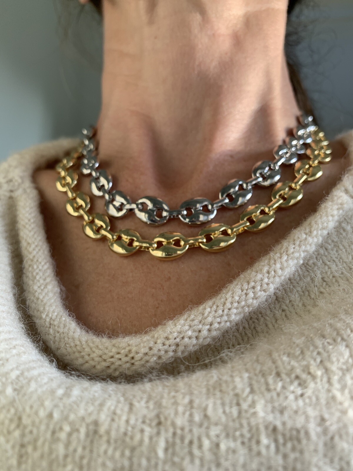 14k yellow gold Plated Puffy Puffed Anchor Mariner Link Chain Necklace 1cm