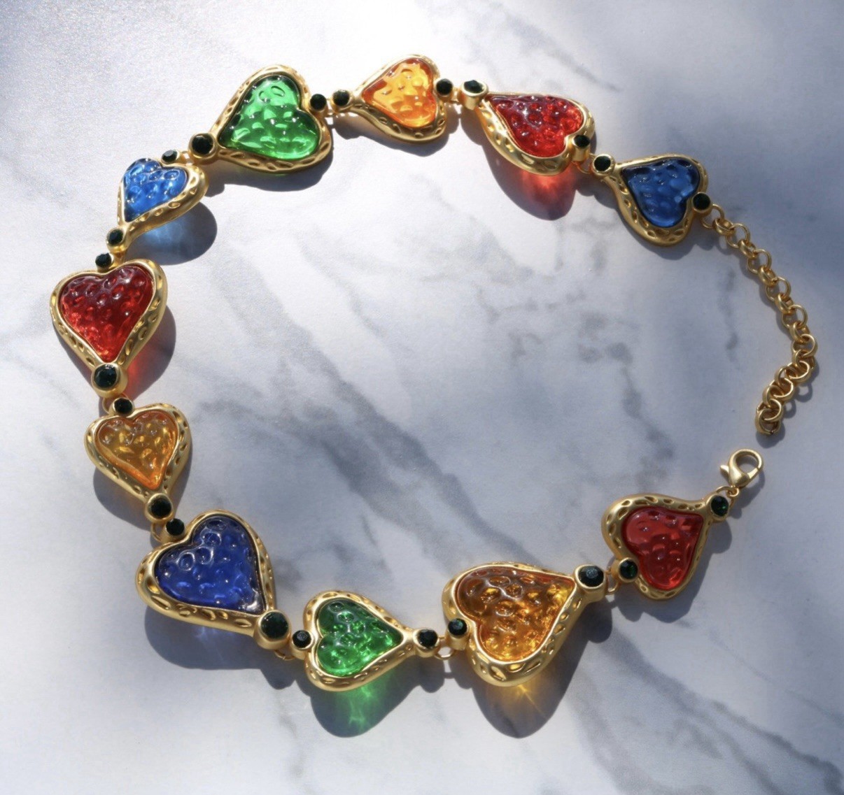 Multi Color Acrylic Textured Heart Matte Gold Toned Statement Runway