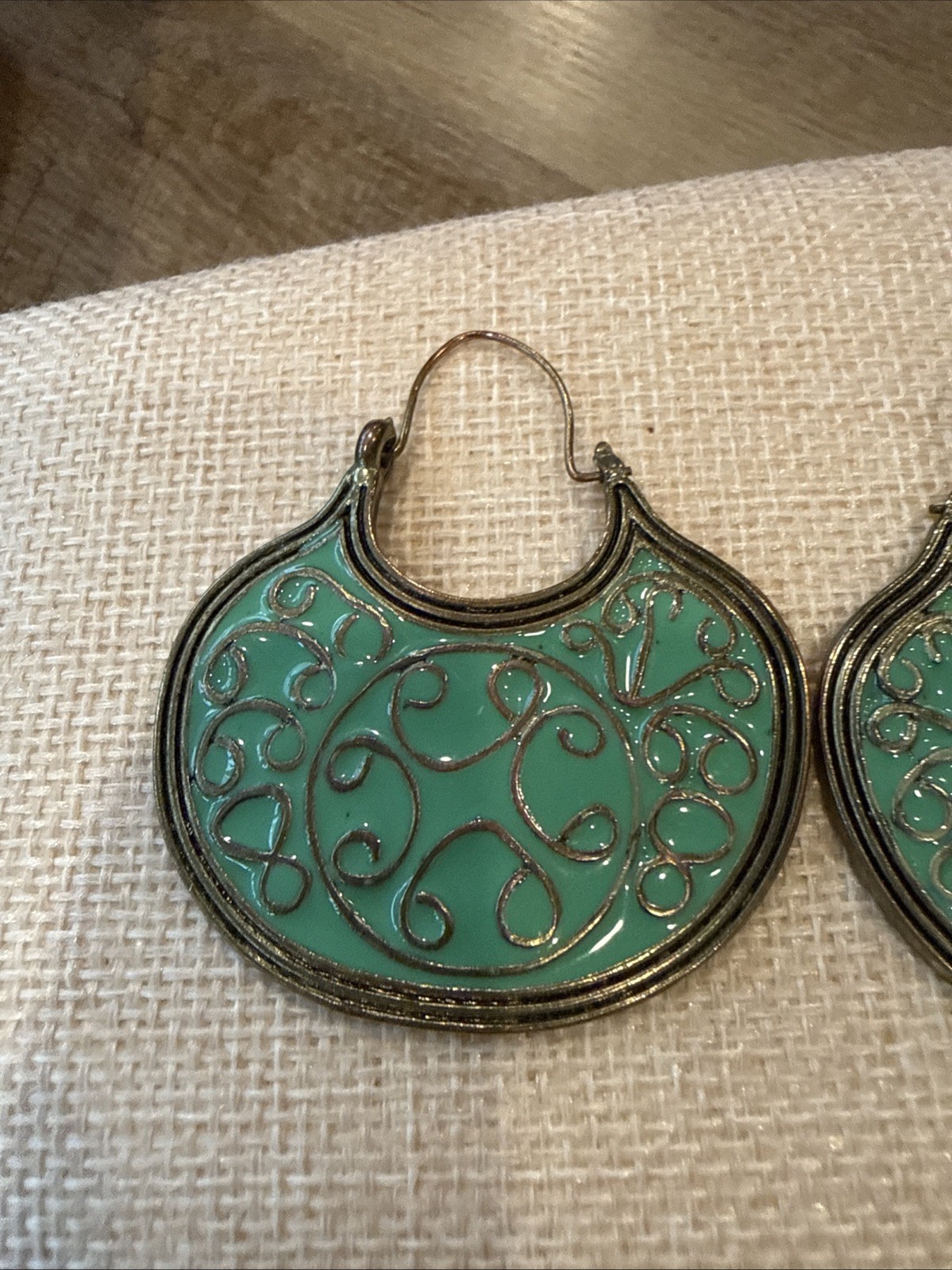 Teal Green Enamel Filigree Lace Lg Lightweight Dangle Earrings Circle Boho 2.25″
