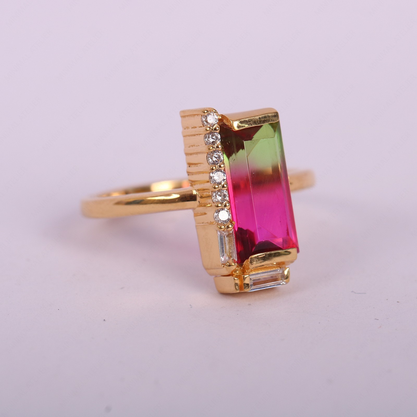 Baguette Cut Watermelon Tourmaline Engagement Art Deco Ring, Antique Jewelry