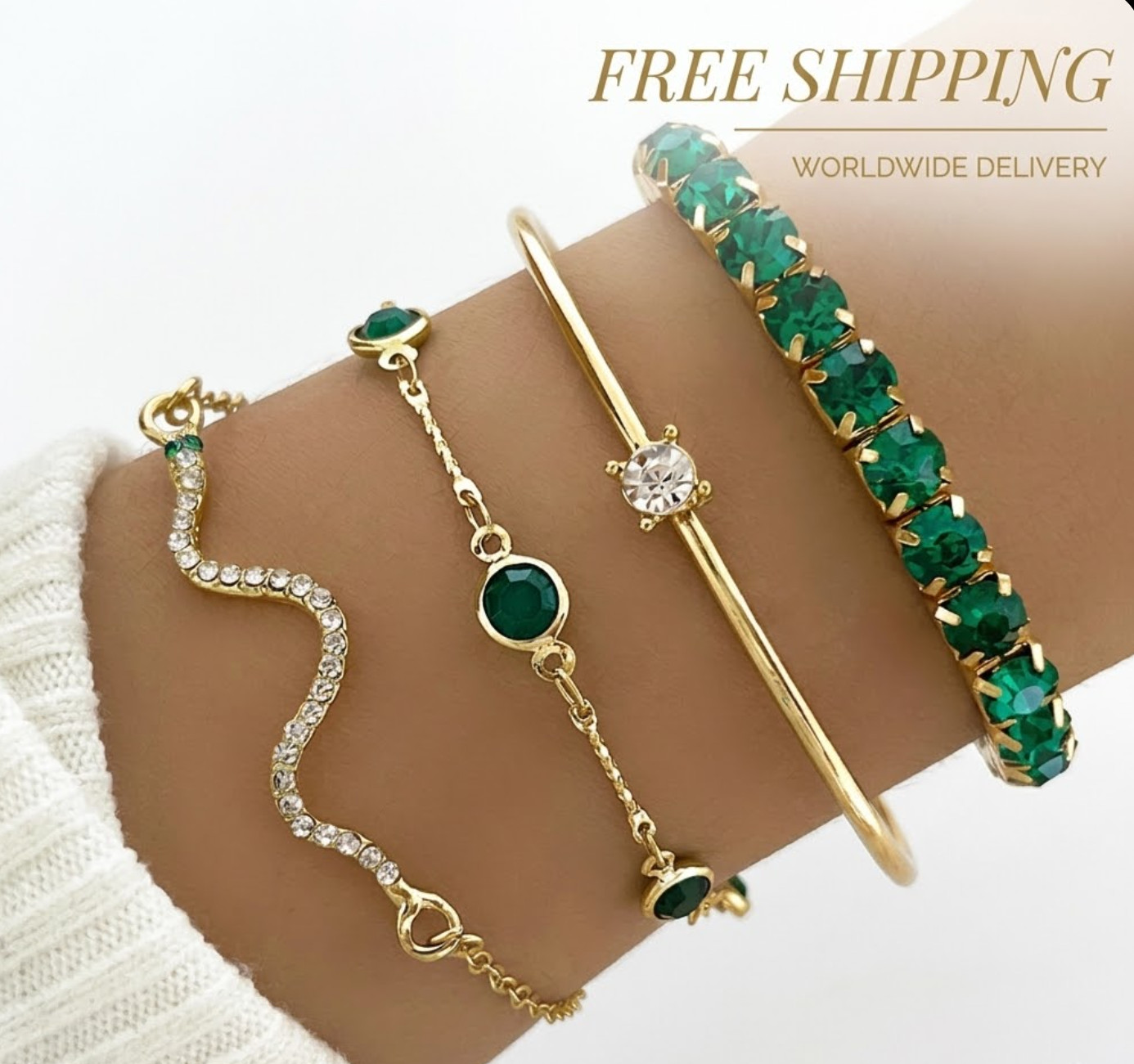 4Pcs Green Crystal Bracelet Set Women Gold Chain Stretch Bangle Jewelry Gift