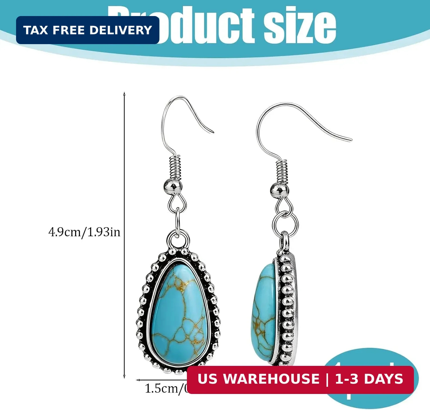 Turquoise Drop Dangle Earrings for Women, Boho Western Teardrop Earrings, Vintag