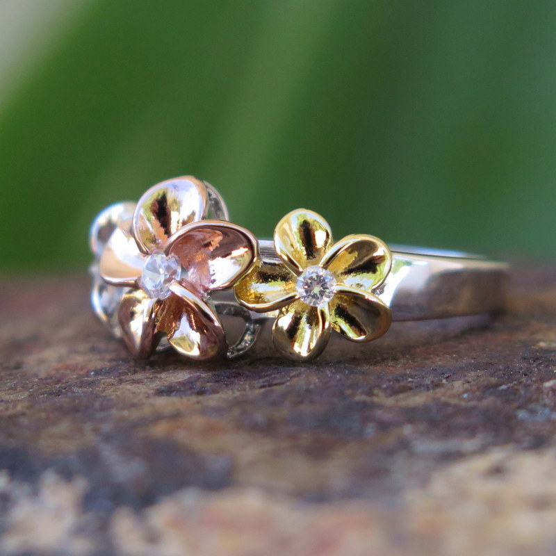 Hawaiian Silver Tricolor Gold 3 Plumeria Flower CZ Wedding Ring Band 10mm SR2077