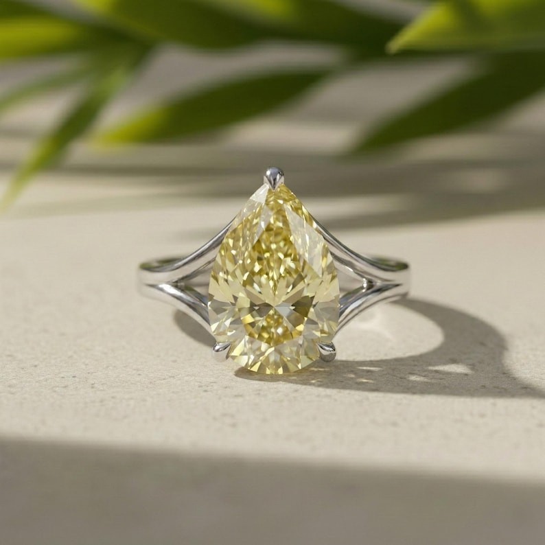Canary Yellow CZ Diamond Solitaire Ring Pear Cut Split Shank Wedding Anniversary
