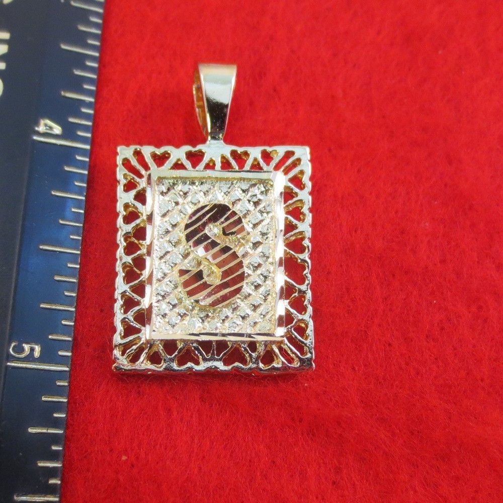 14KT GOLD EP 1 3/8 INCH FRAMED LETTER S LARGE SQUARE DIAMOND CUT INITIAL CHARM
