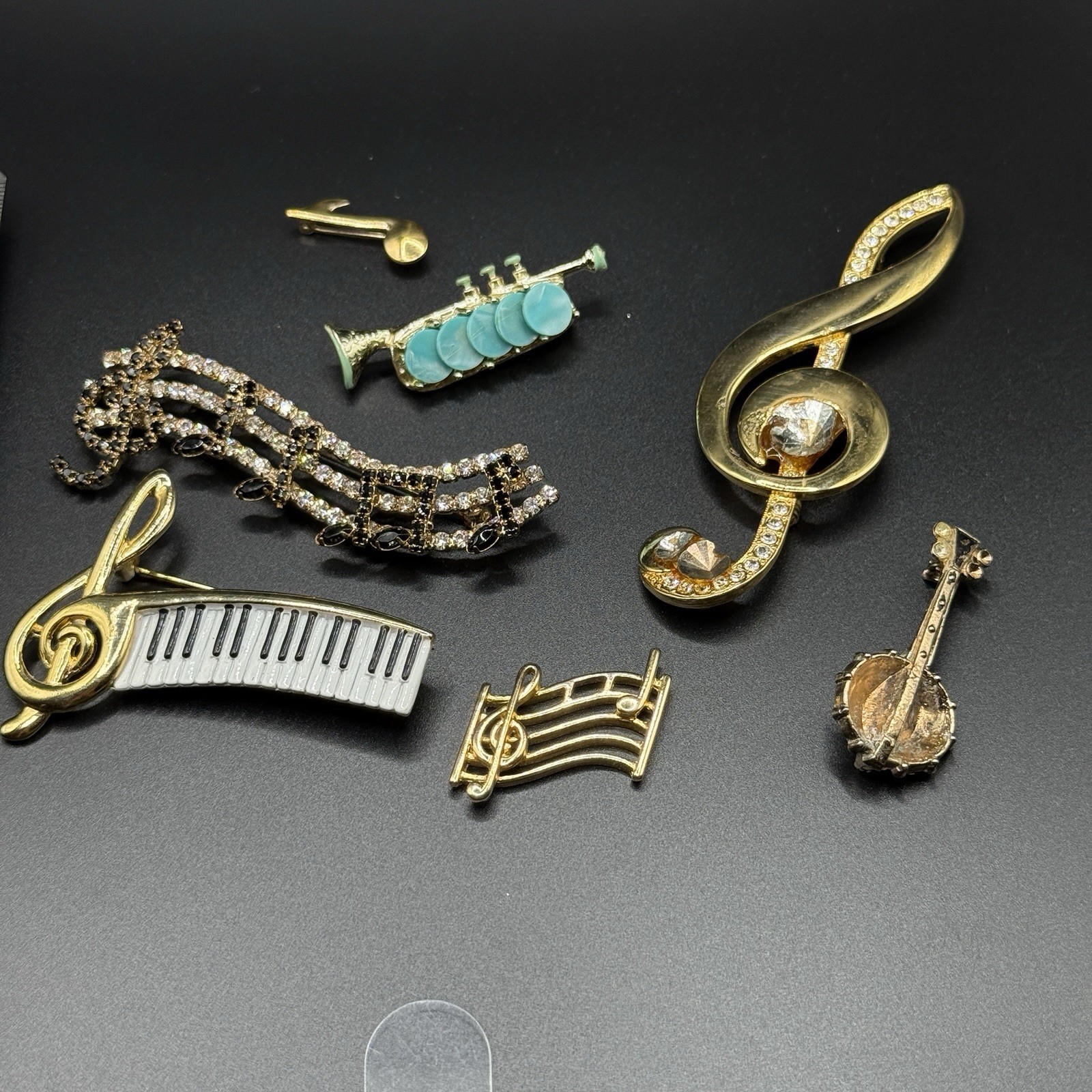 Music-Themed Gold Tone Enamel & Crystal Rhinestone Brooch / Pin / Pendant Lot