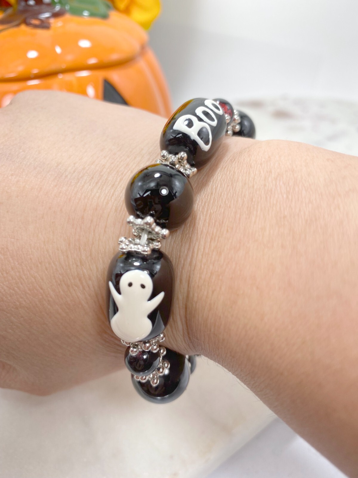 Halloween Bracelet Ghost Boo Black Unique Beaded Stretch Bracelet for Women