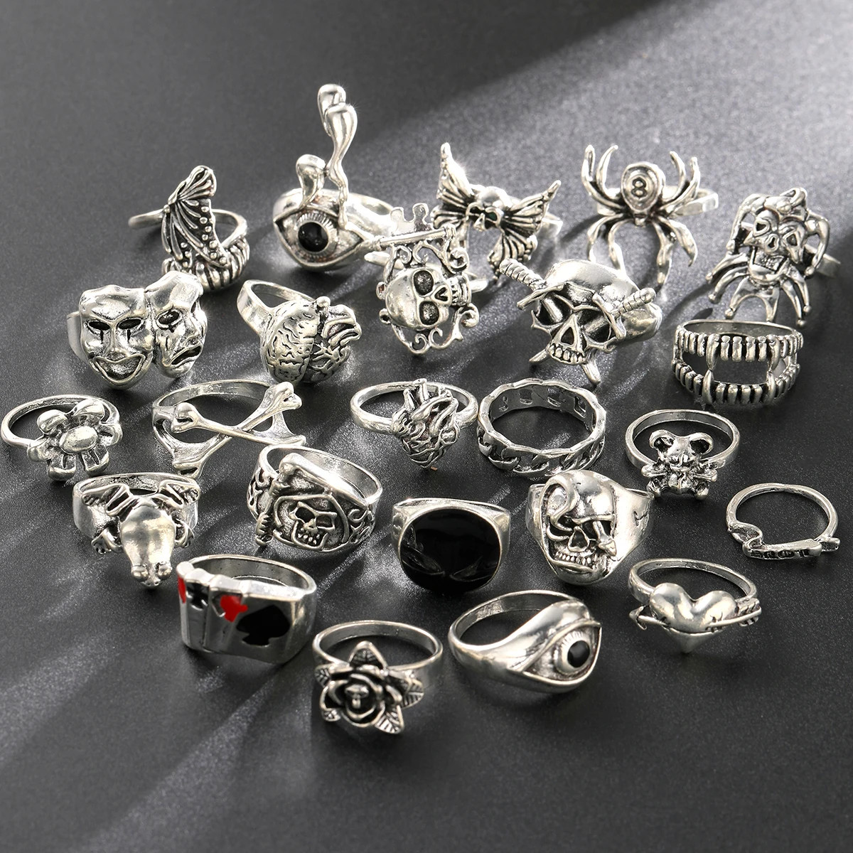 24pcs Gothic Skeleton Ring Set Punk Grunge Unisex Street Jewelry Gift – NEW