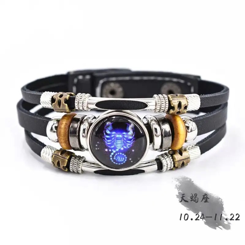 Zodiac Signs Spirit Bracelet, Beaded 12 Constellation Zodiac Leather Bracelet