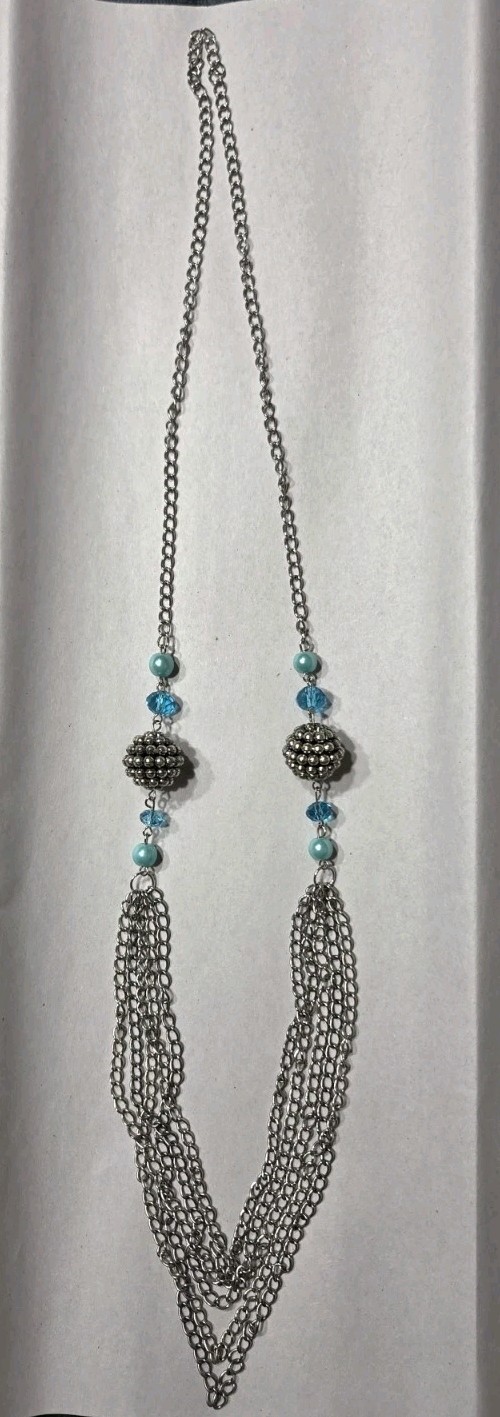 Silver Tone Layered Multi-Strand Cable Chain Necklace Blue Glass Beads 22in