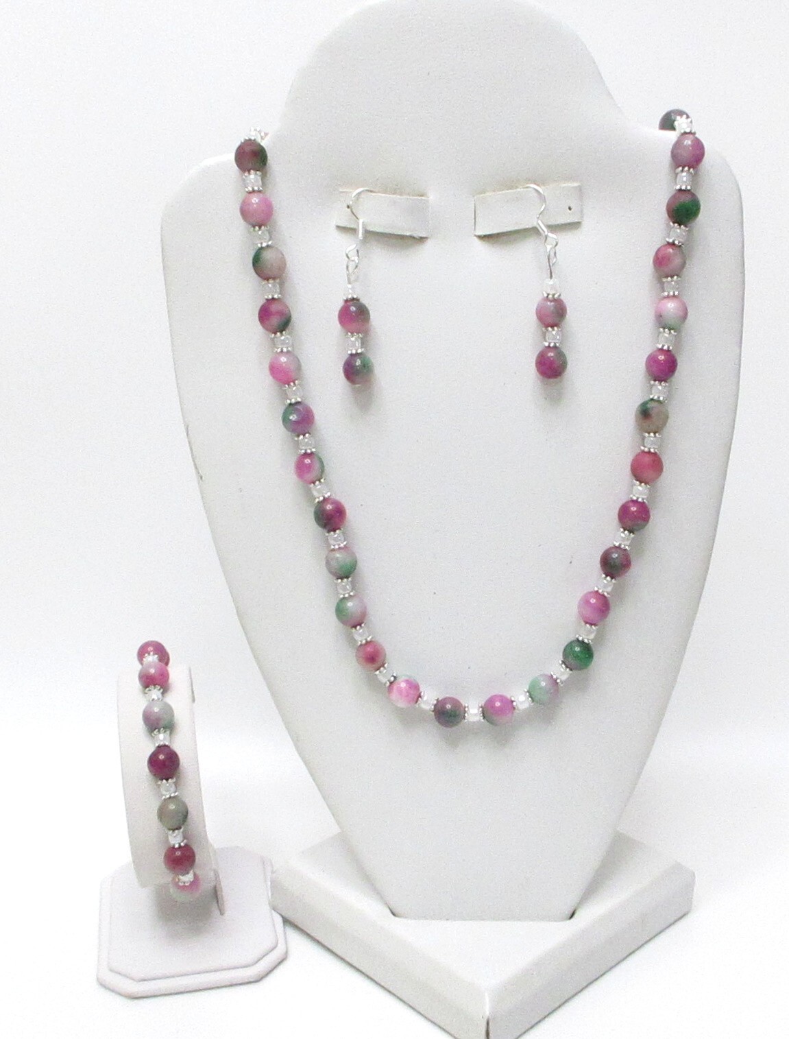 NEW-FUCHIA/GREEN MALAYSIA JADE NECKLACE, BRACELET & EARRINGS 4 PC JEWELRY SET
