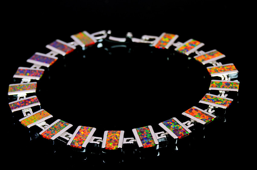 Vikoly Blue/White/Orange/Pink Oval 925 Sterling Sliver Fire Opal Bracelet 18cm