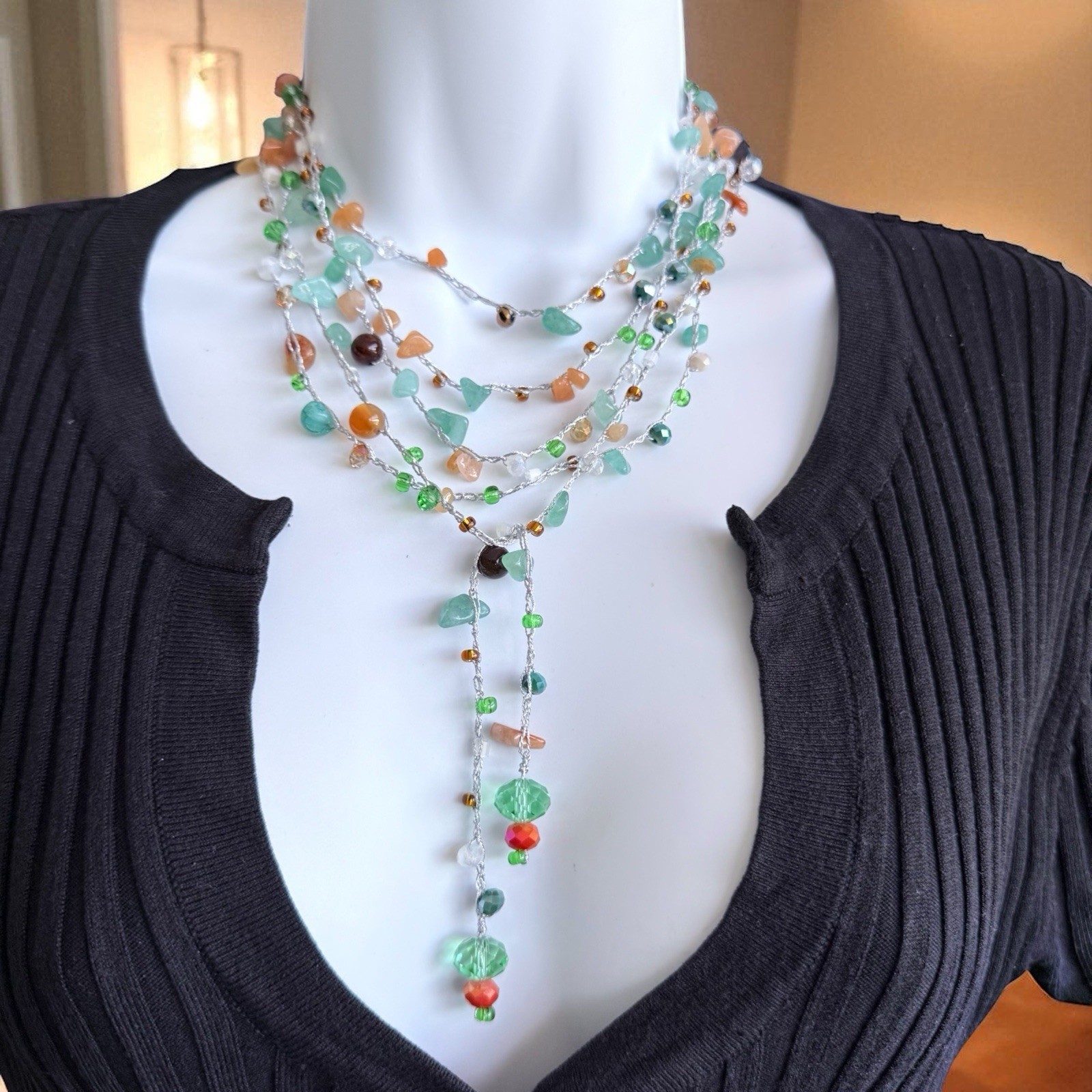 Multi-strand crochet necklace, handmade, with mineral stones and crystals. USA