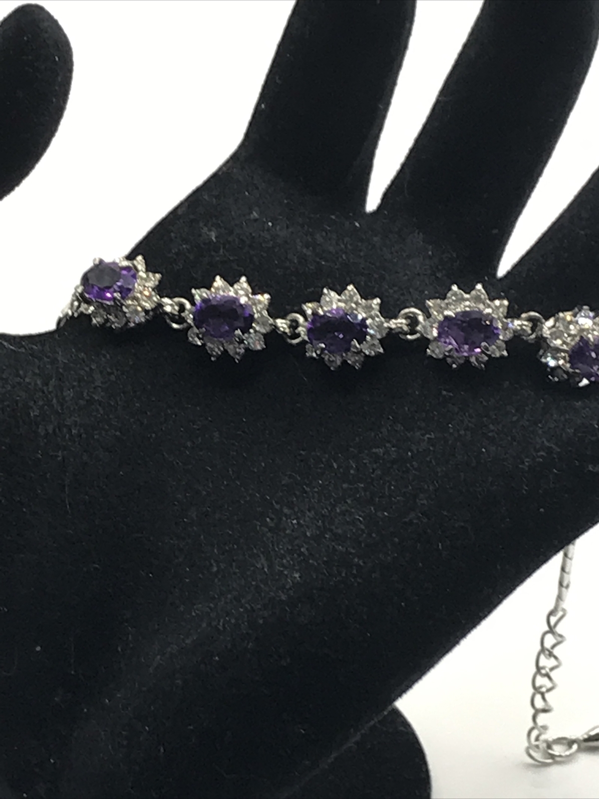 purple tanzanite bracelet Silver tone chain clear crystals Halo Bracelet 8″