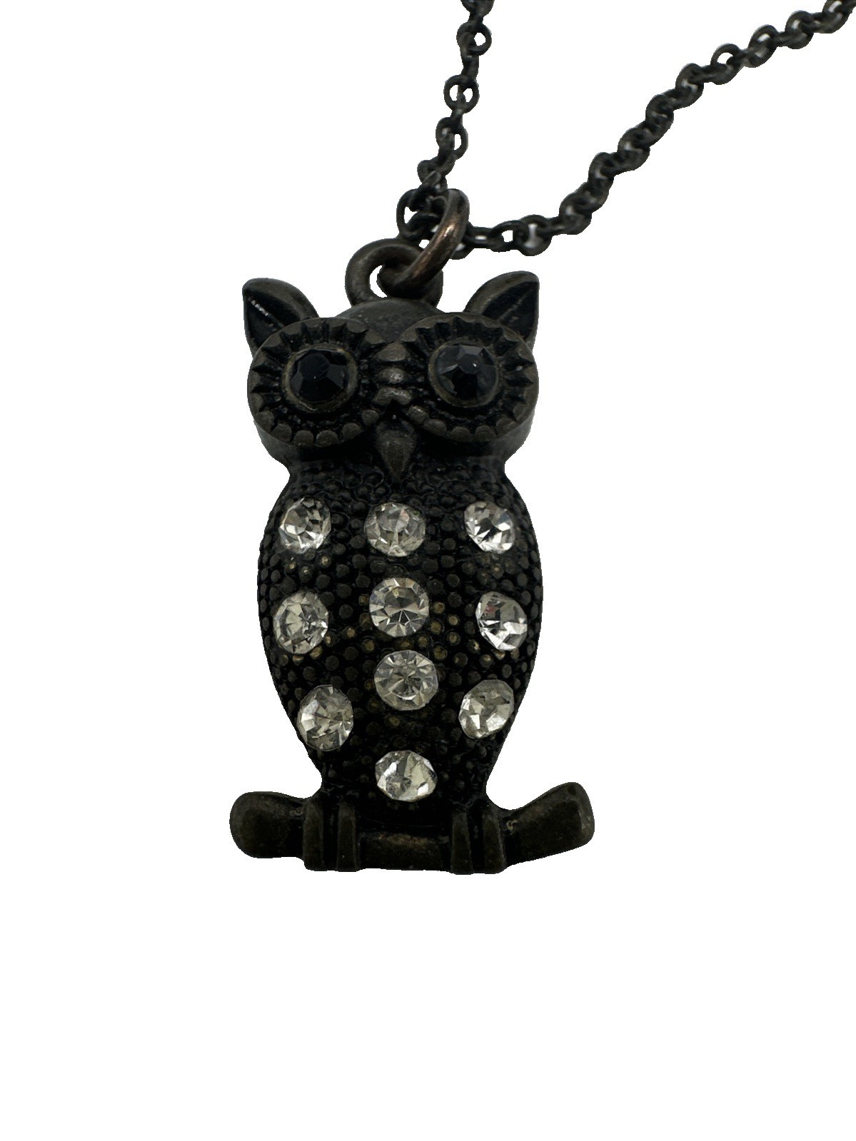Rhinestone Owl Pendant Necklace Costume Fashion Jewelry Boho Vintage 19″ Dainty