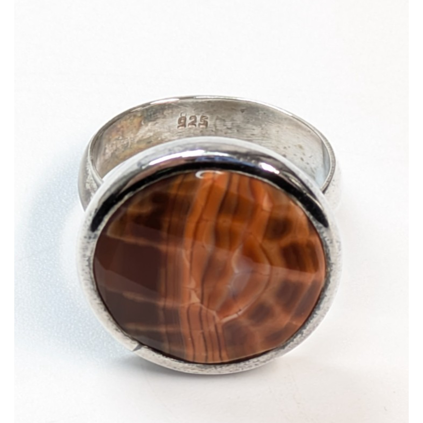 Red Banded Agate Faceted Round Sterling Silver 925 Statement Ring Sz 10.75