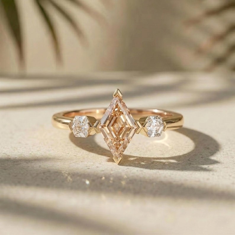 Lozenge cut 3 Stone CZ Diamond Engagement Ring Pink Antique Diamond Jewelry Her