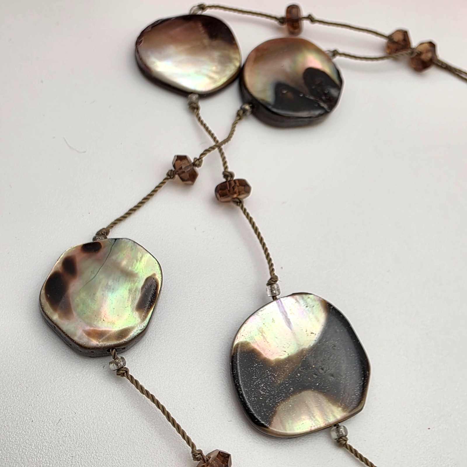 Abalone Shell Coin Disc Double Strand Station Necklace Crystal Cord 19 in Adj.