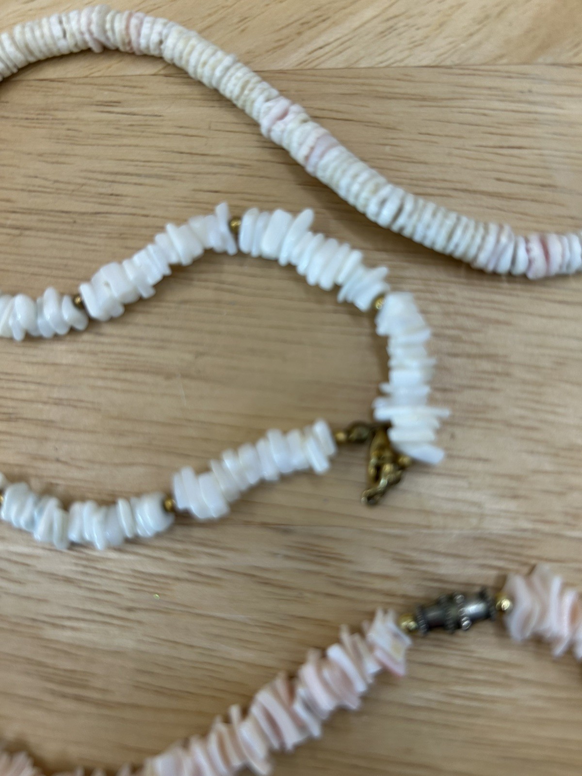 Three Vintage 2 Pale Pink, 1 White Puka/Hawaiian necklaces, 2-16 in, 1-18 in