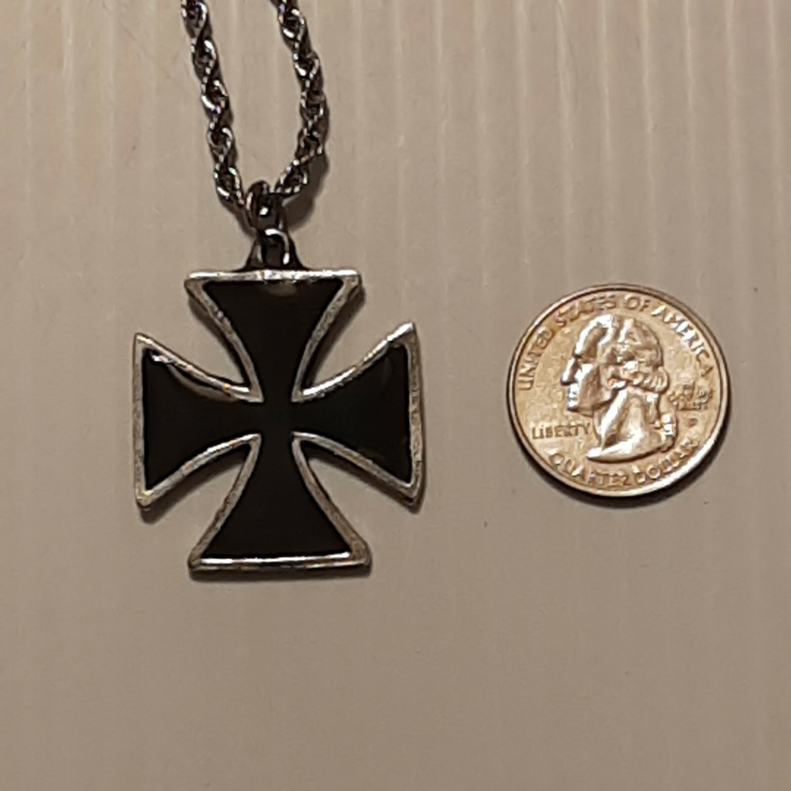 IRON CROSS Pewter Pendant Charm / 24″ STAINLESS ROPE CHAIN NECKLACE