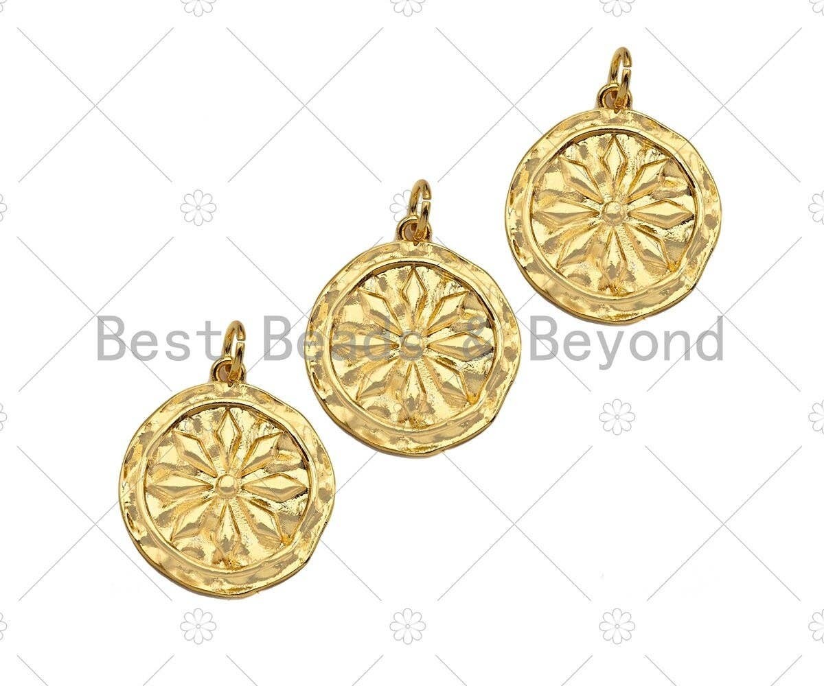 Dainty Gold Flower On Round Coin Shape Pendant/Charm,Gold Medallion Charm,
