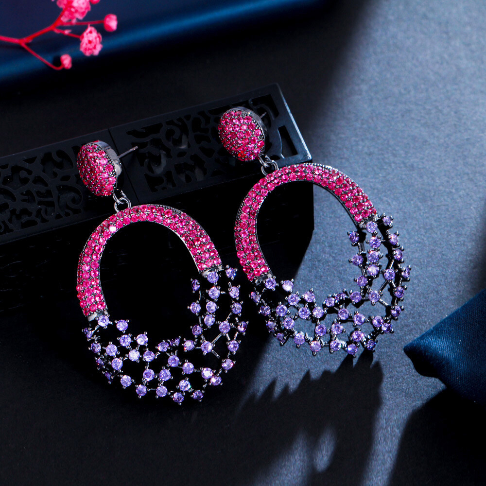 Lady Gorgeous Black Gold Plated Hot Pink Purple Zircon Long Dangle Drop Earrings
