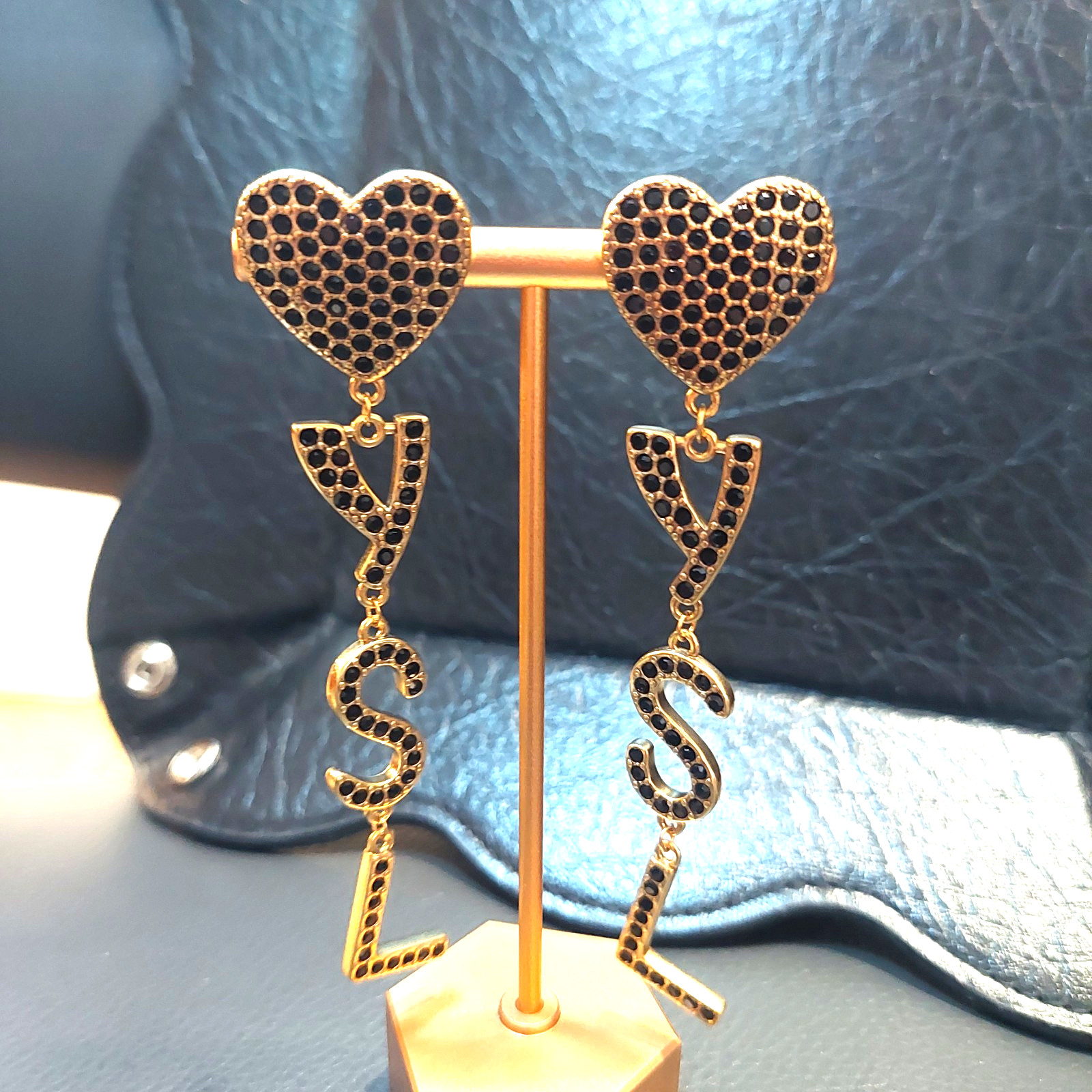 Auth. YVES SAINT LAURENT YSL Black CRYSTAL LOGO Large Drop Statement EARRINGS