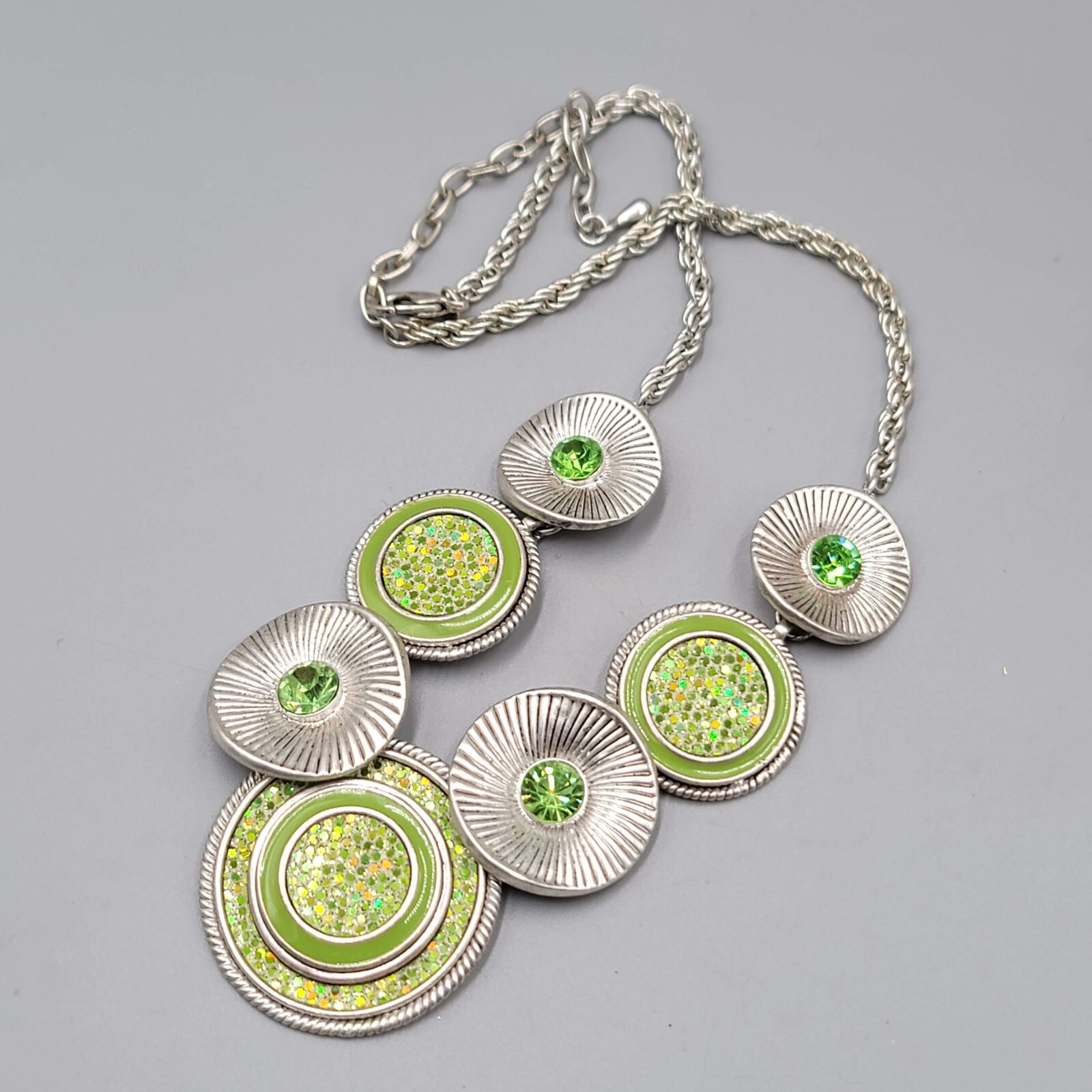 Green Rhinestone Necklace Silver tone Statement Adj 16″-19″