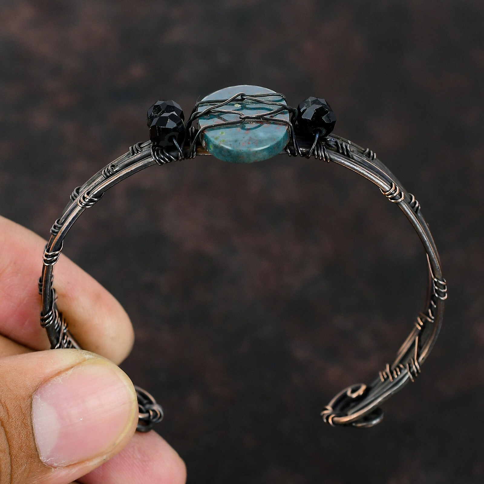 Bloodstone Wire Wrapped Adjustable Bangle Handcrafted Copper Valentine Gift
