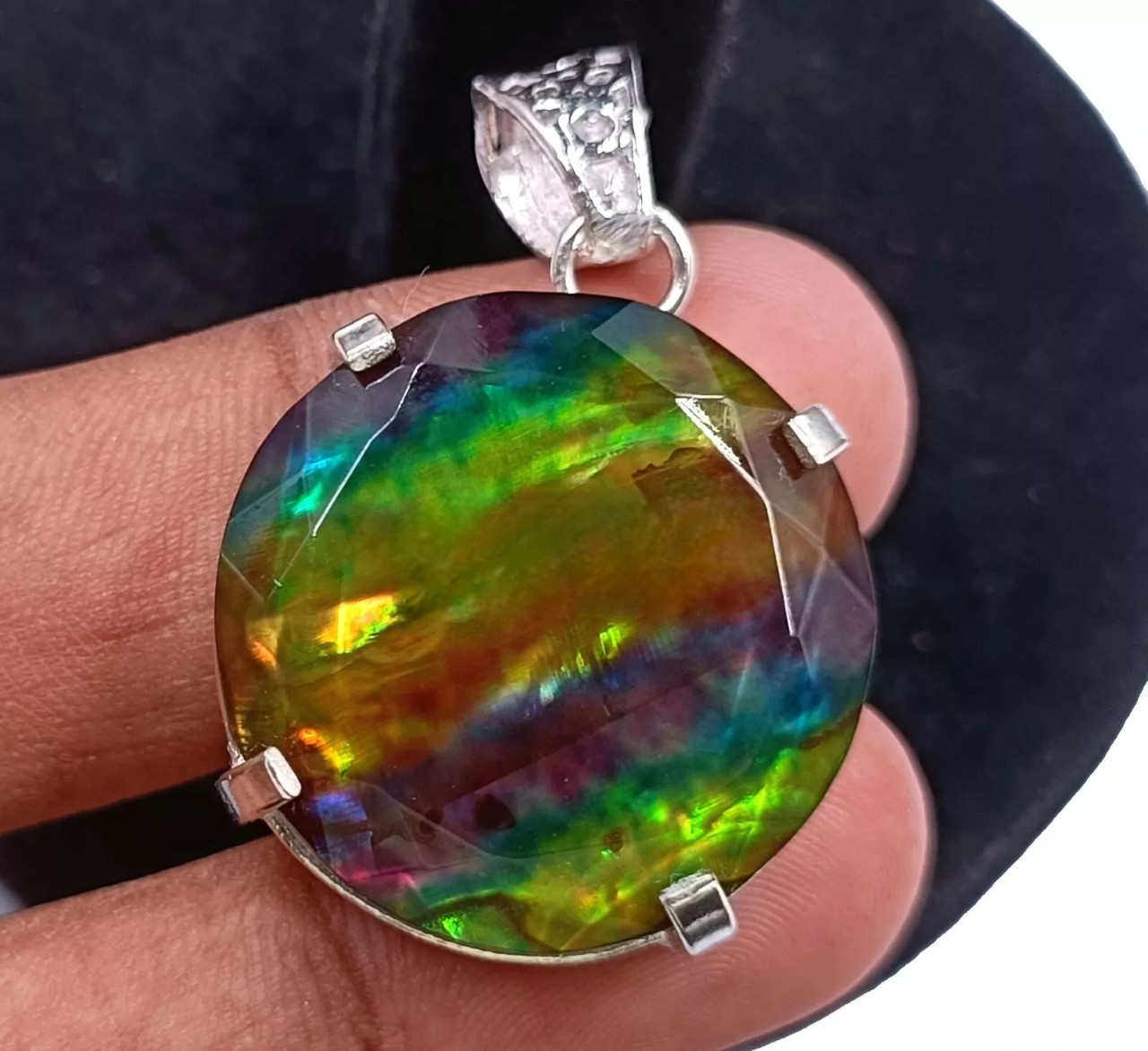 Ammolite Round Cut Natural 98.05 Ct 925 Solid Silver Pendant Loose Gemstone