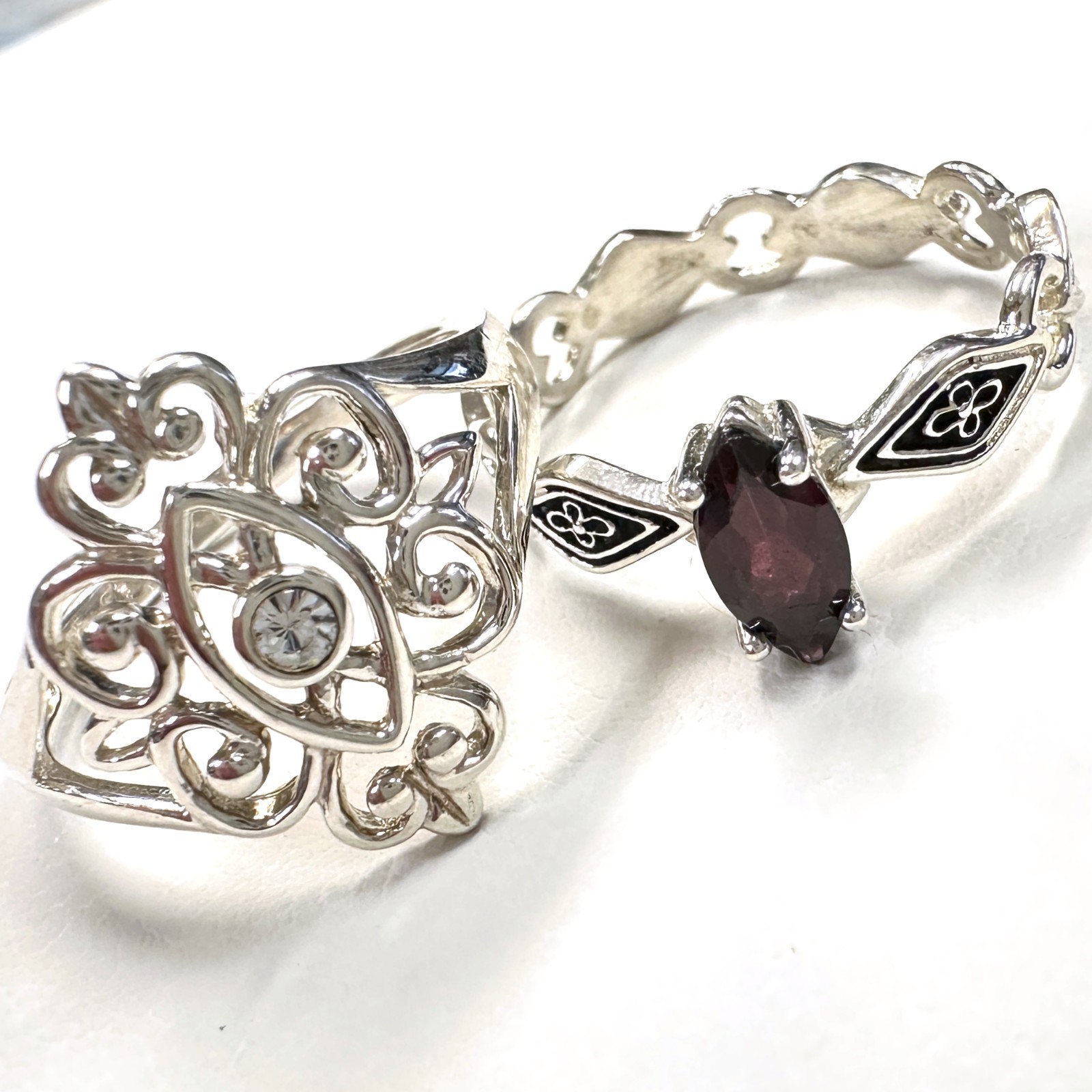 Set of Two Dainty Sterling Silver Rings – Sizes 8 & 9 w Garnet & CZ, 4.9g