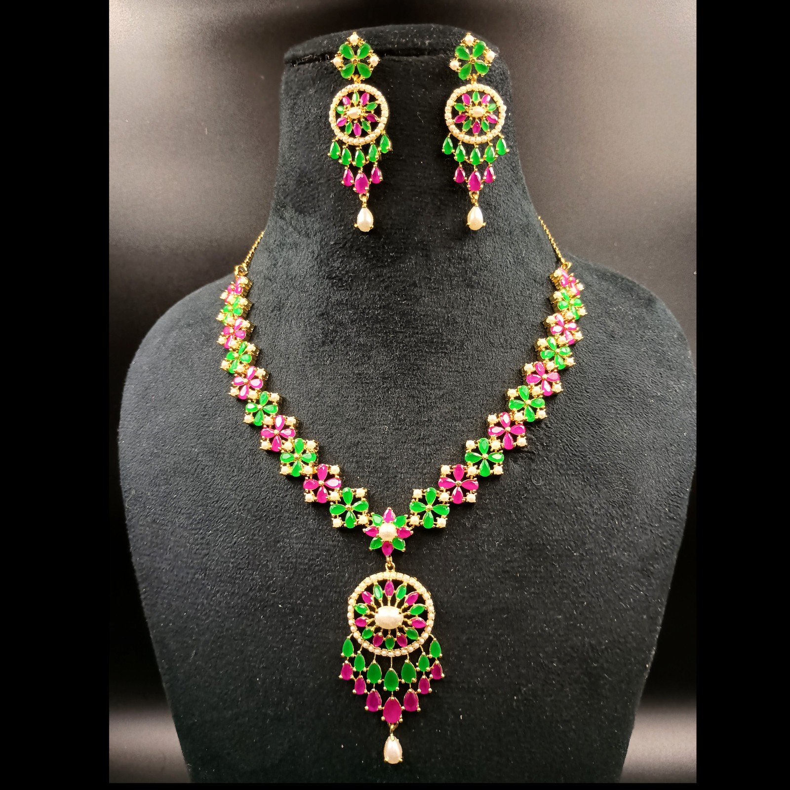 Royal Ruby Emerald Pearl Choker Set 22k Gold Plated Indian Temple Bridal Jewelry