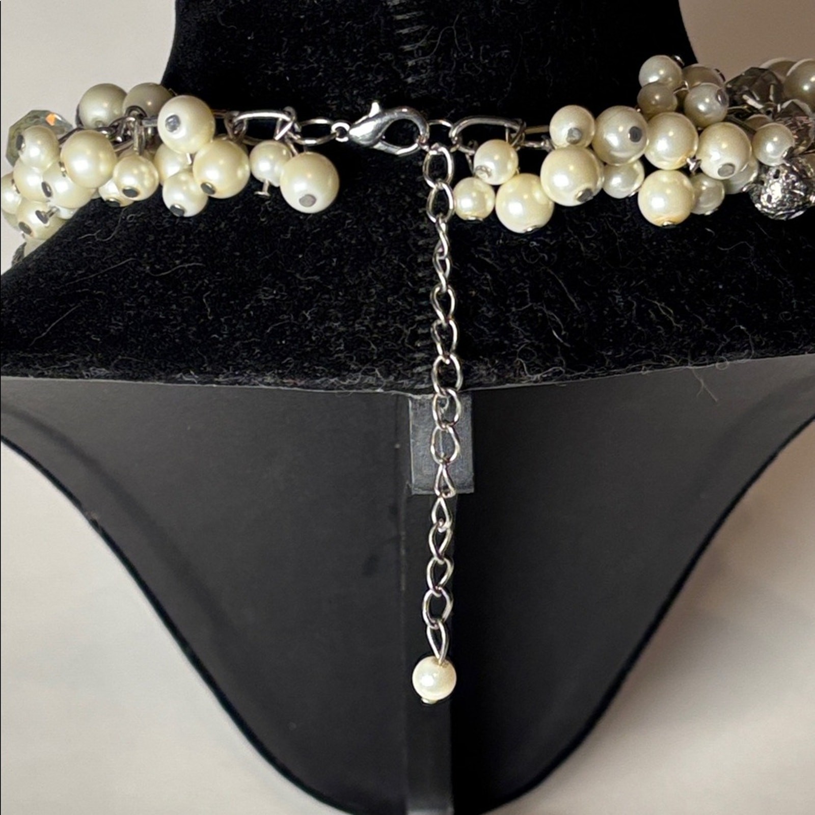 Faux Pearl Cluster Necklace 18” + Extender Silver Tone Statement Bridal Wedding