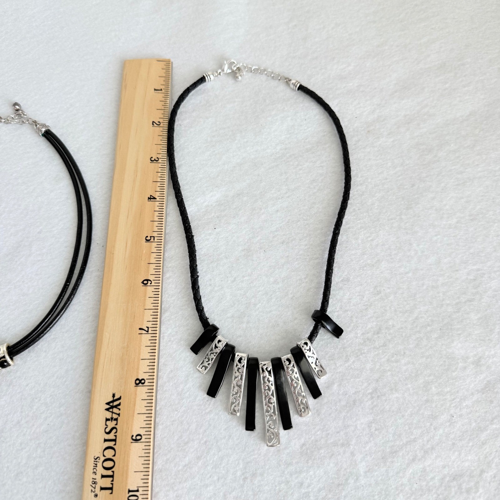 Two VTG Black Cord Statement Necklaces Silver Tone Filigree & Fringe Pendants