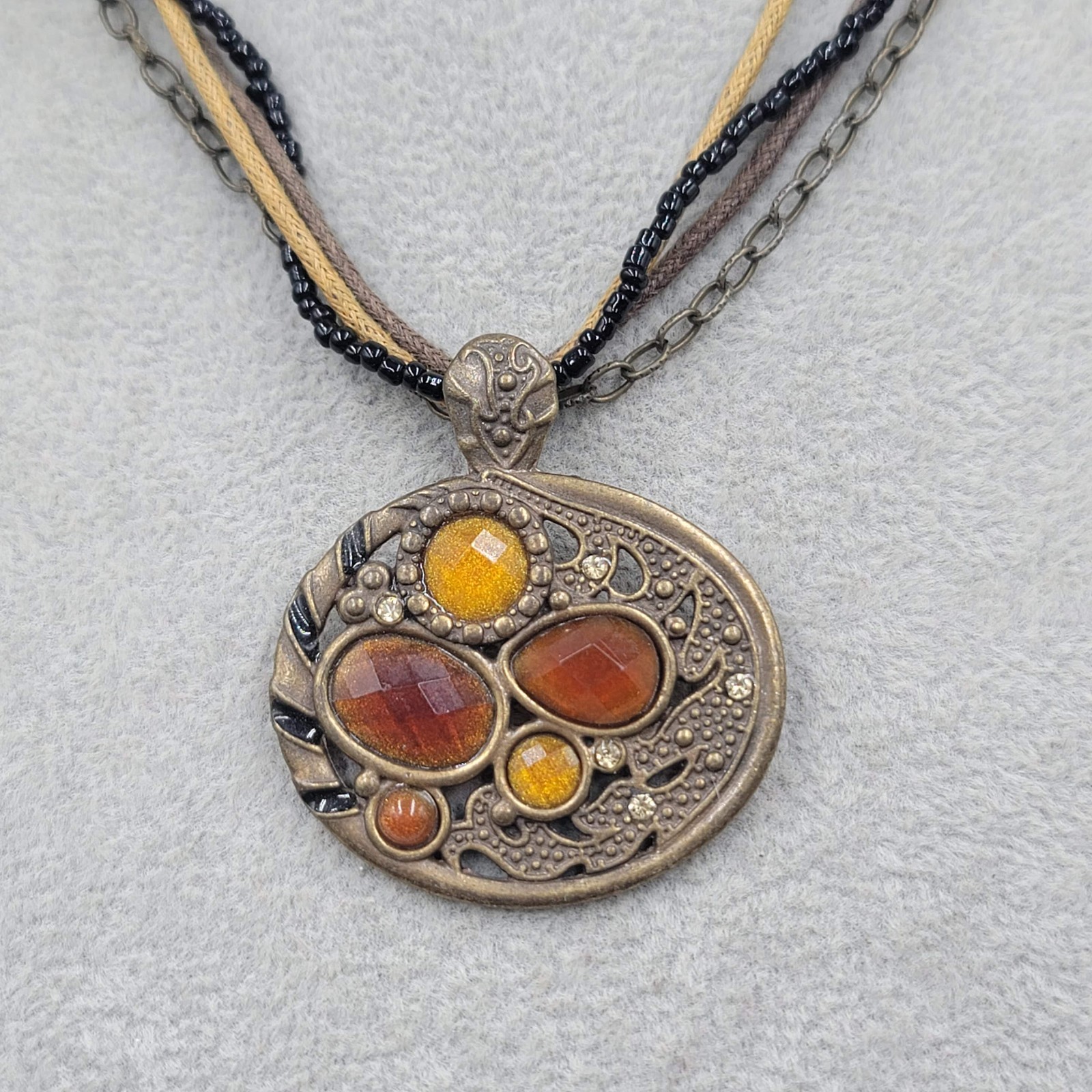 Embossed Acrylic Rhinestone Pendant Necklace Bronze tone Multiple Strands 15″-17