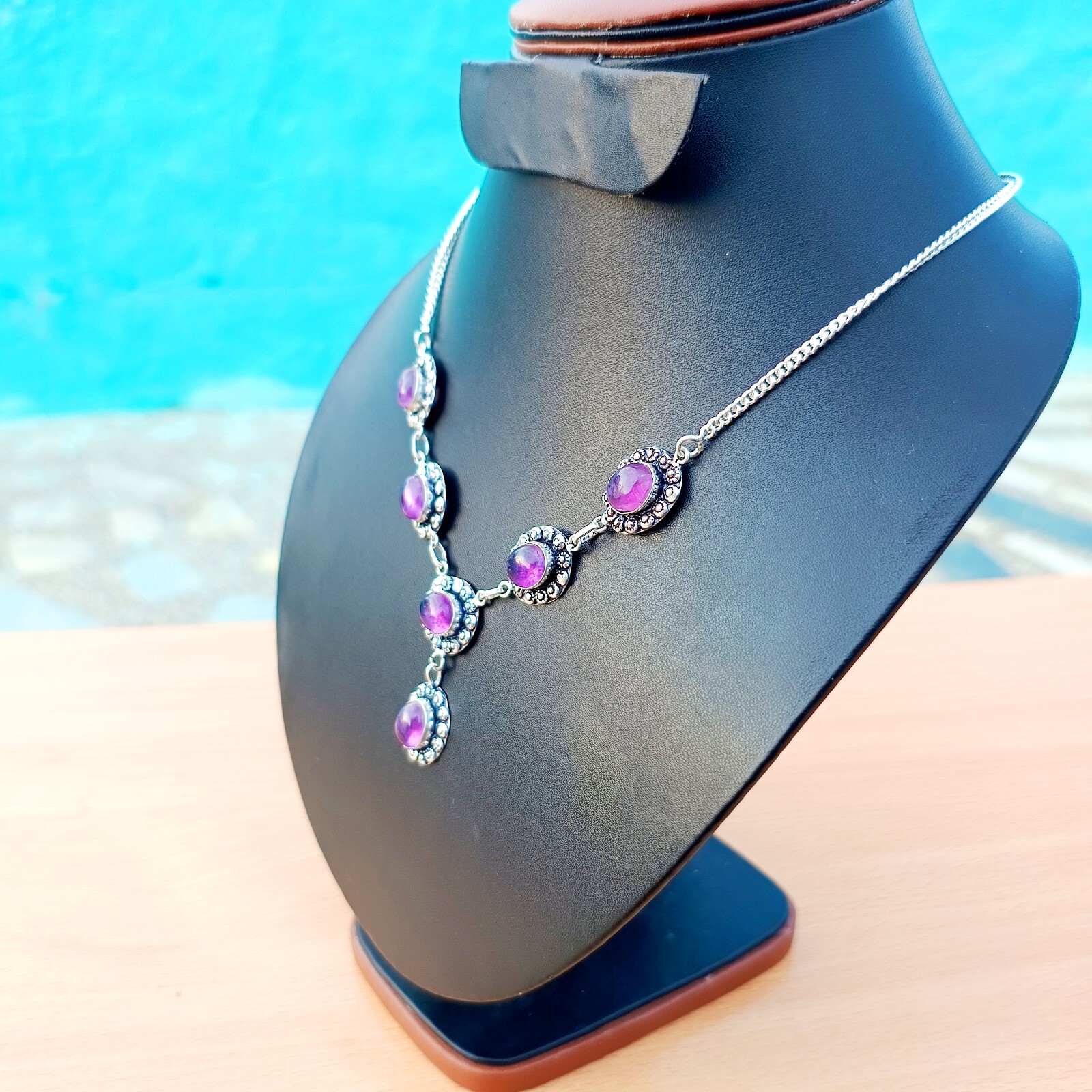 Amethyst Gemstone Necklace 925 Sterling Silver Handmade Birthstone Jewelry 20″