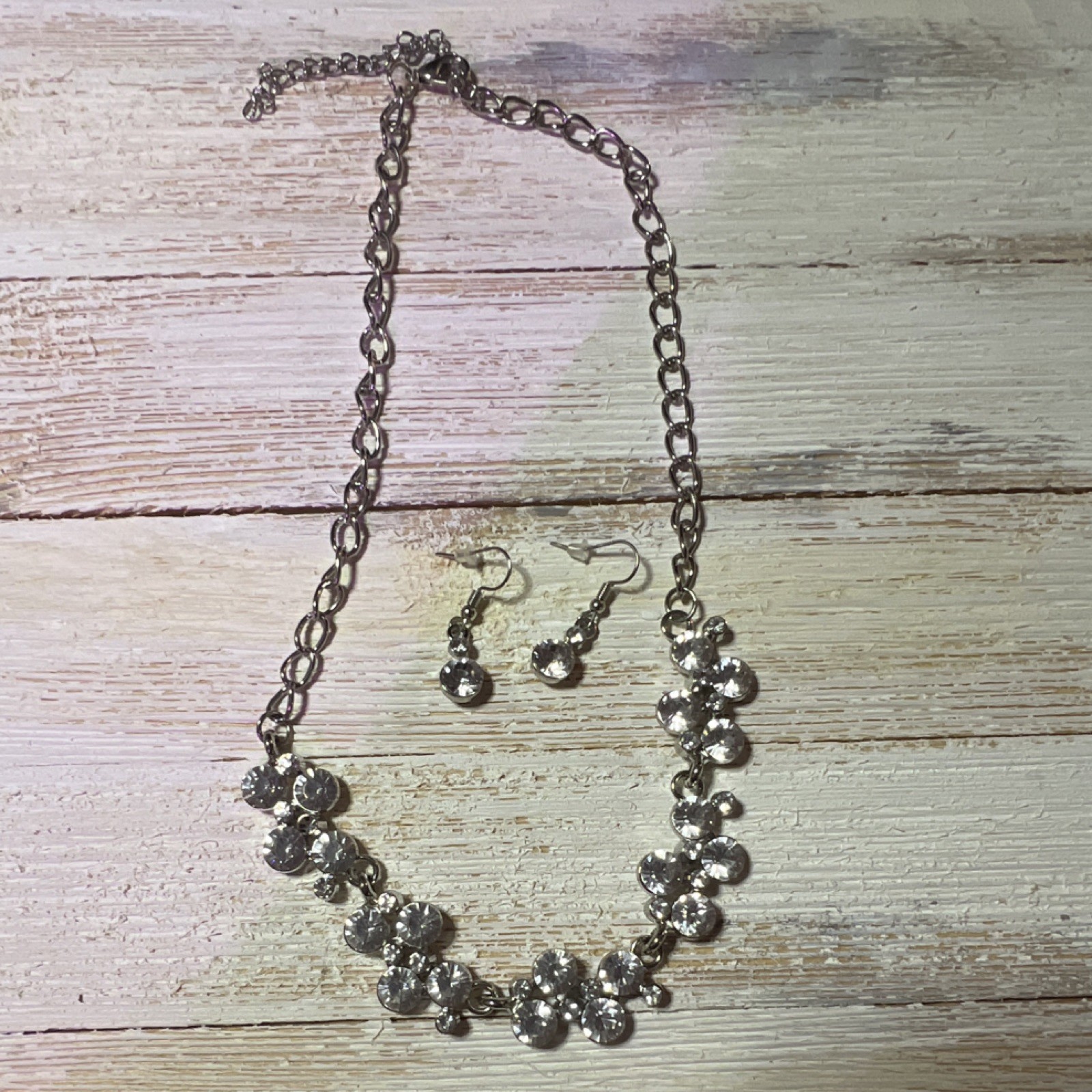 Silver Tone Clear Round Crystal Rhinestone Necklace & Dangle Earrings Set