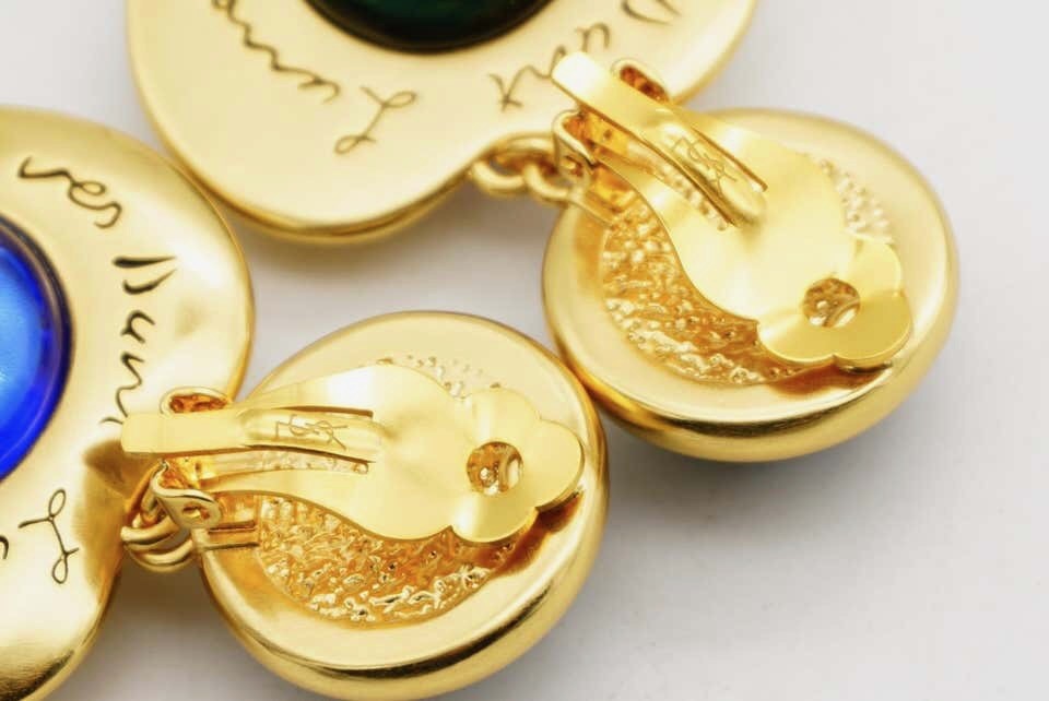 Yves Saint Laurent YSL Gripoix Emerald Sapphire Heart Logo Double Drop Earrings