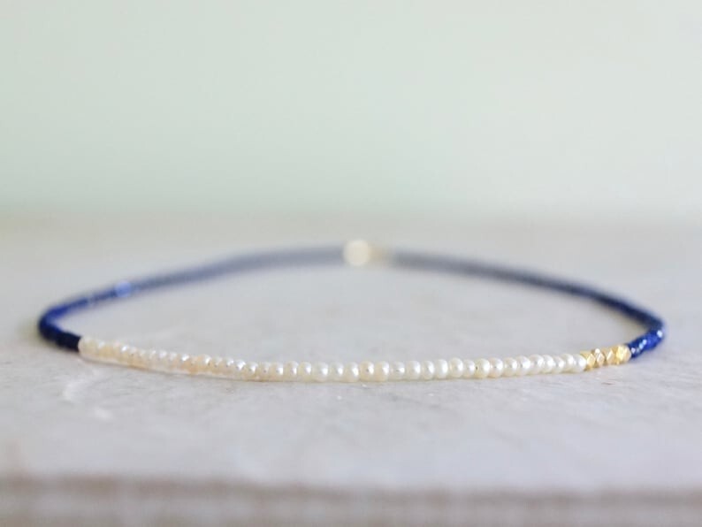 Beautiful Lapis Lazuli & Pearl Faceted Round Gemstone Beads Necklaces 24” Women