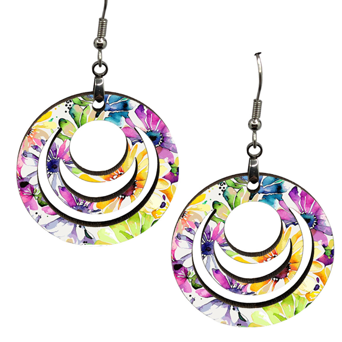 Summer Garden Round Floral Wood Earrings Dangle Stainless Steel Wires Artisan