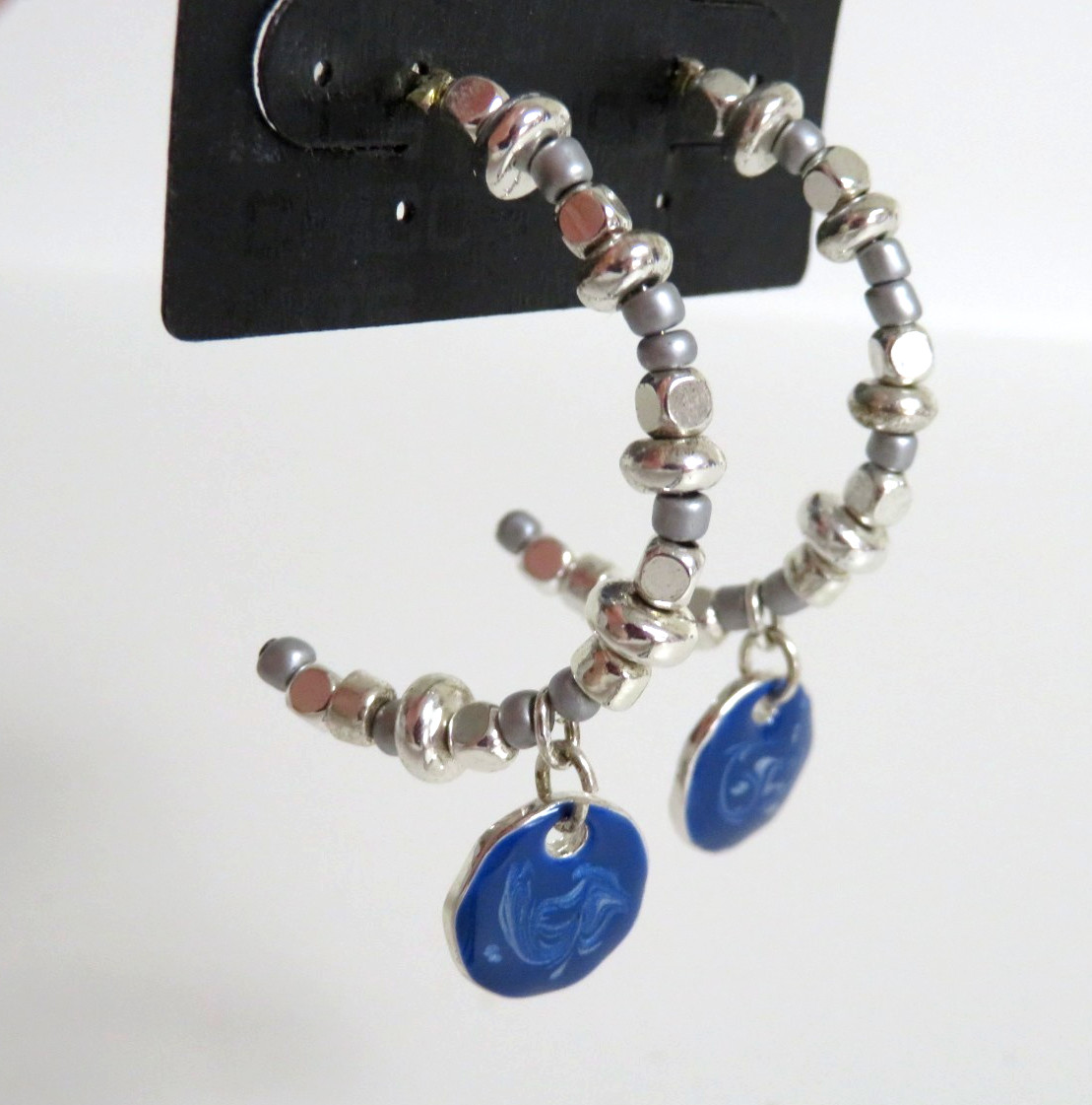 New Chico’s Silver Beaded 1/2 Hoop Earrings with Blue Enamel Dangle Accent