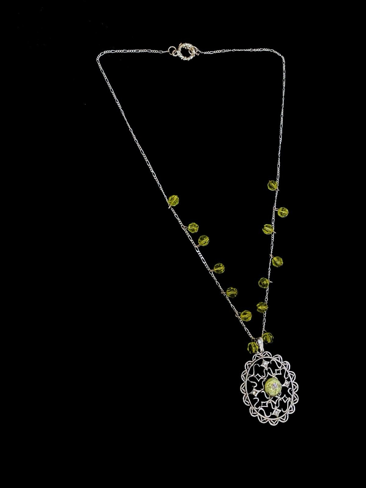 Silver-Tone Filigree Medallion Necklace | Chartreuse Green/Yellow Faceted Beads