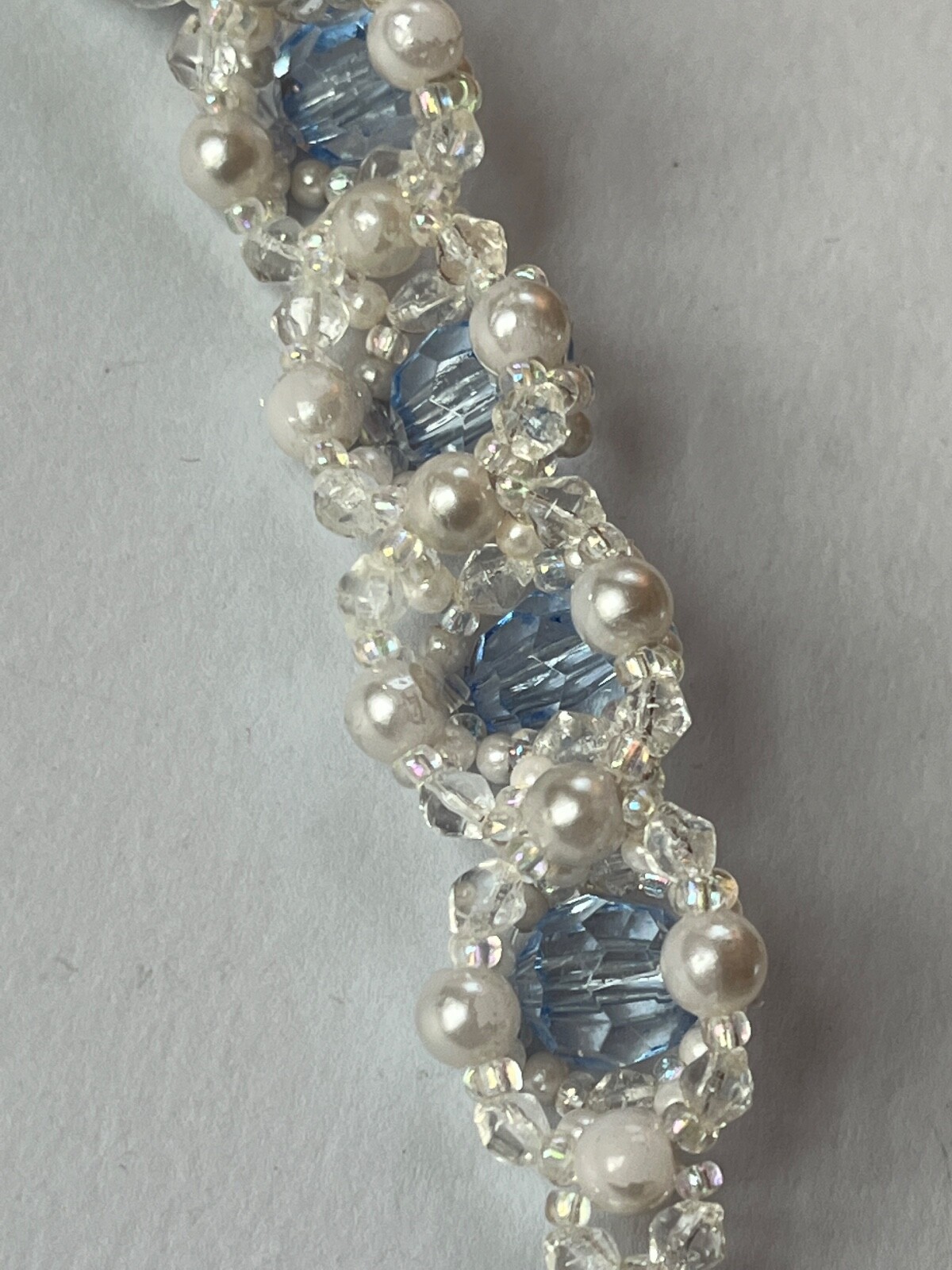 Handmade Faux White Pearl & Light Blue Faceted Beaded Bracelet – 6.5 inches long