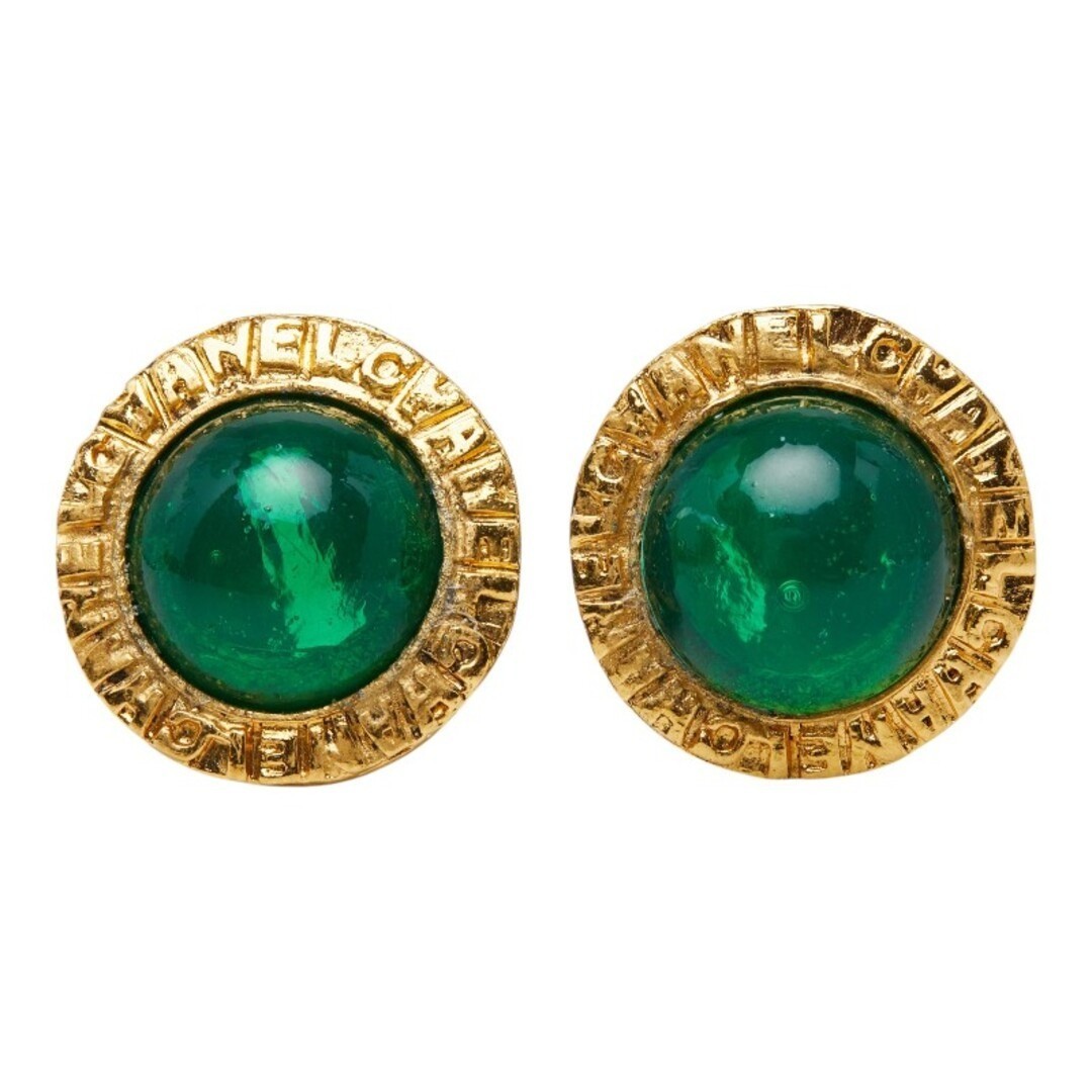 CHANEL Vintage Logo Gripoix Green Cabochon Gold Plated Clip On Earrings