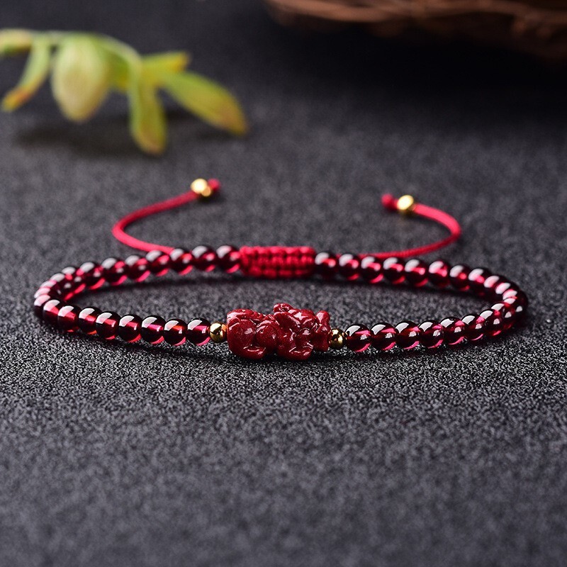 Natural Garnet 4mm Round Bead Pixiu Fengshui Wealth Healing Luck Women Bracelet