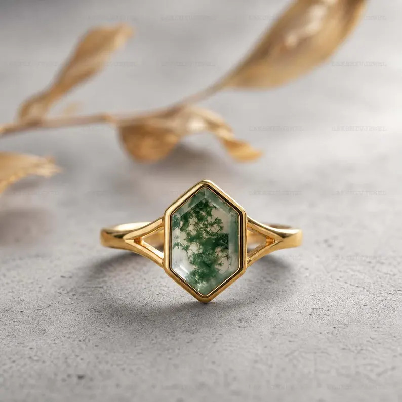 Moss Agate Ring, Gold Alloy metal, Pear Cut Engagement Jewelry Gift for Her