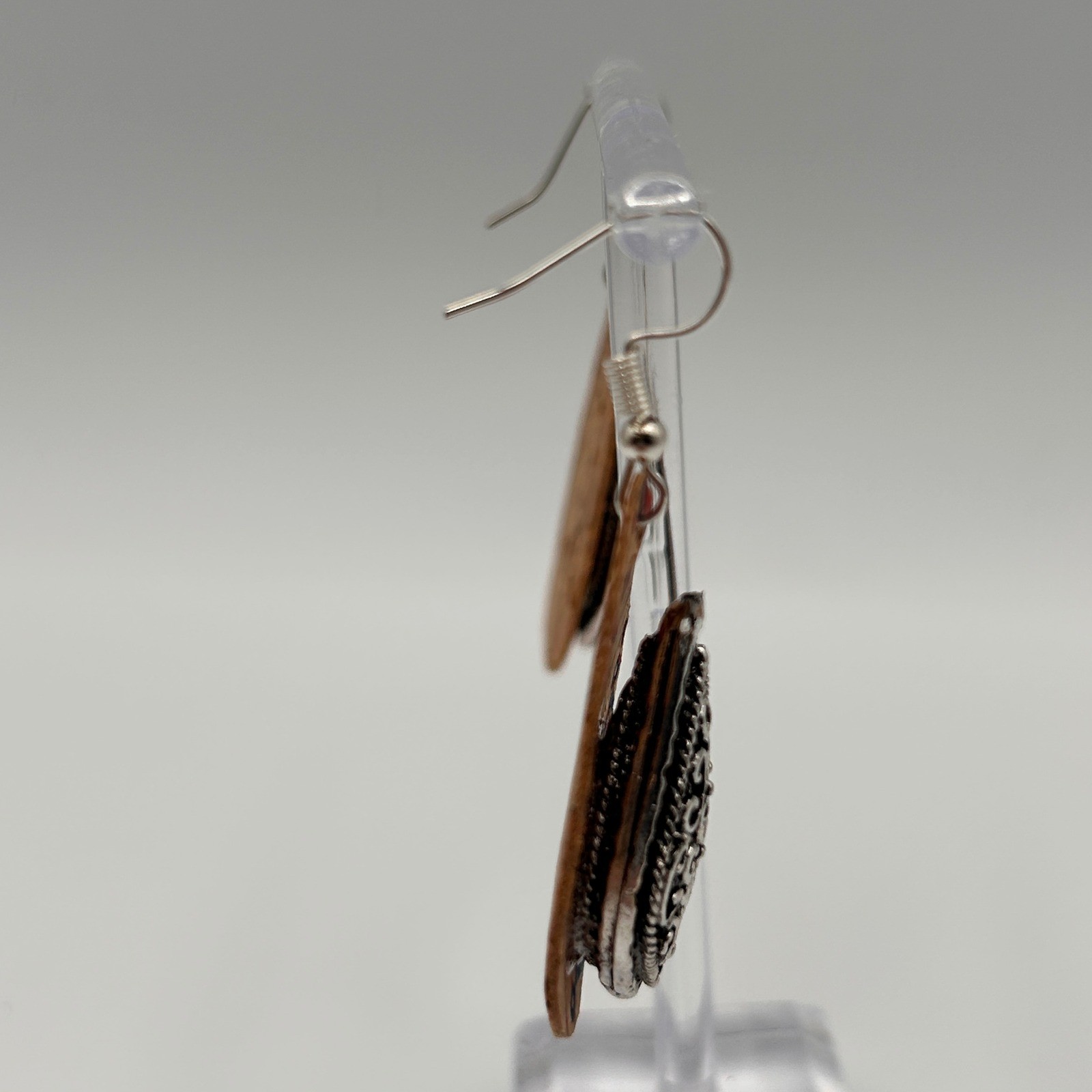Boho Cork Teardrop Earrings Silver Filigree Layered Patterned Wood Dangle 1.75″