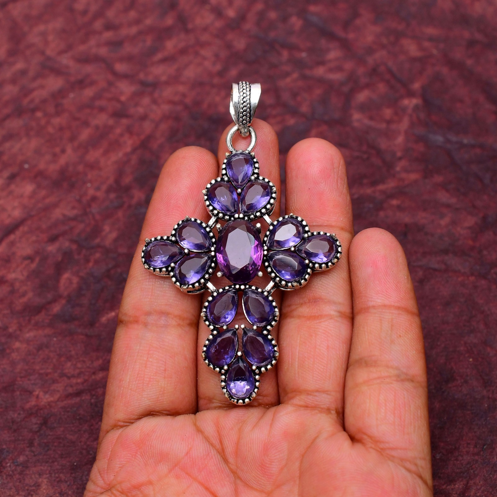 Amethyst Gemstone 925 sterling silver Handmade Cross Pendant jewelry 2.75″