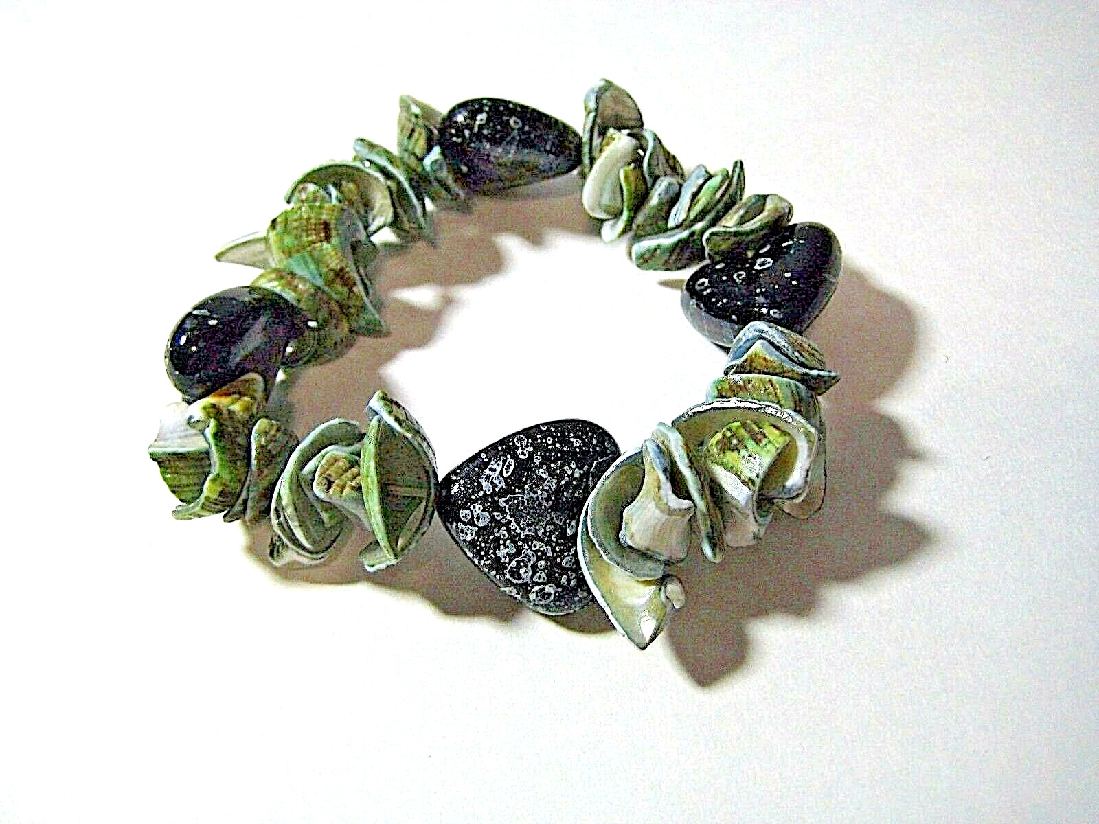 Hand made Stretch Bracelet Sea Shells Heart Shaped Stones Adult Size Large