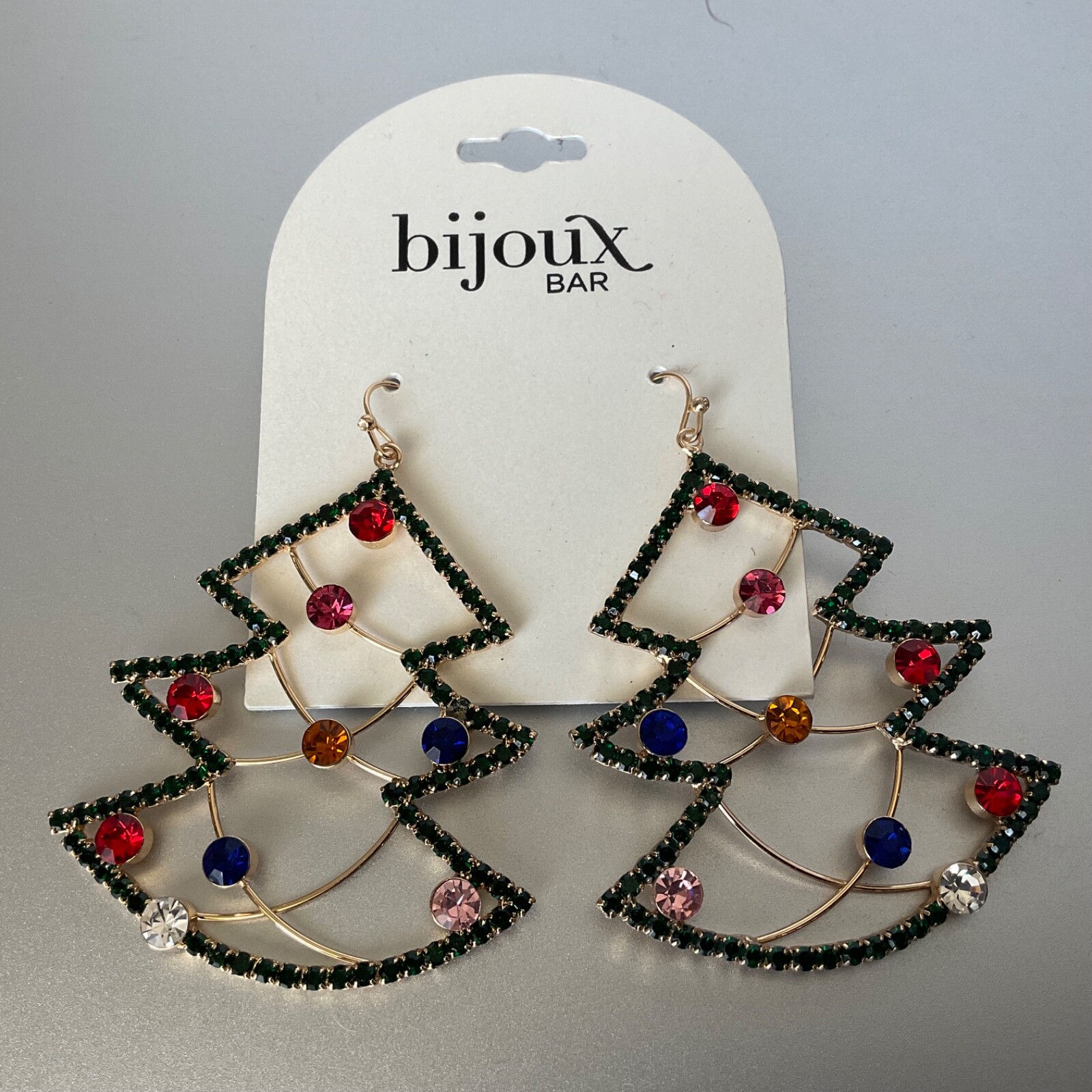 Rhinestone Christmas Tree Dangle Earrings Gold Tone Bijoux Bar 2.5” Drop